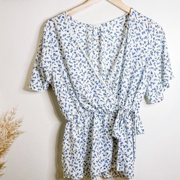 Sienna Sky Tops - Sienna Sky | Tie Wrap Blouse Blue Floral Print
